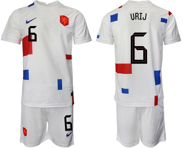 Men's Netherlands #6 Urij White Away Soccer Jersey Suit